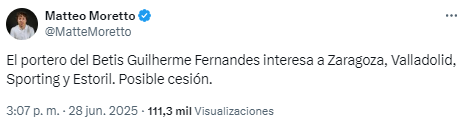 Matteo Moretto informa del interés del Real Zaragoza en el portero Guilherme Fernandes