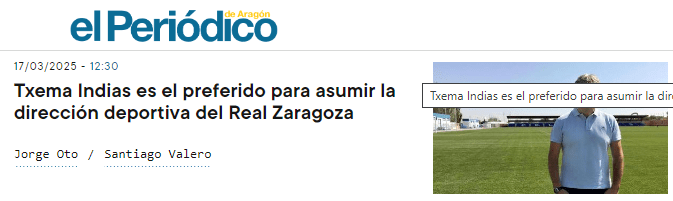 Txema Indias es el preferido para asumir la dirección deportiva del Real Zaragoza