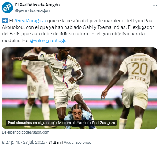 Paul Akoukou con la camiseta del Lyon, posible refuerzo del Real Zaragoza