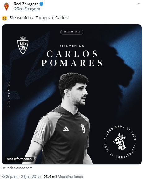 El lateral izquierdo Carlos Pomares es nuevo jugador del Real Zaragoza