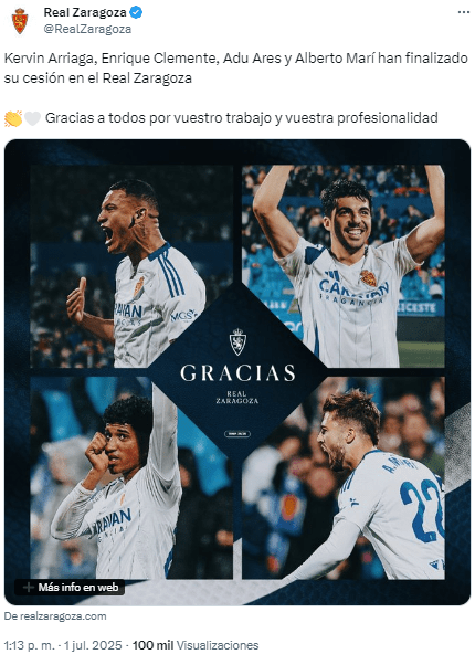 Kervin Arriaga, Enrique Clemente, Adu Ares y Alberto Marí finalizan sus cesiones en el Real Zaragoza