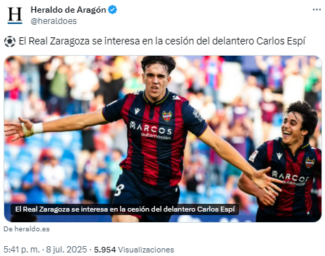 El Real Zaragoza se interesa en la cesión del delantero del Levante Carlos Espí