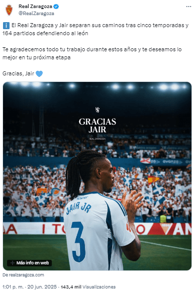 Jair Amador abandona el Real Zaragoza