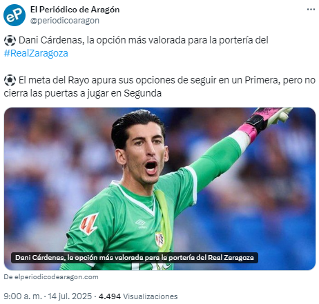 Dani Cárdenas en el último nombre que suena para reforzar la portería del Real Zaragoza
