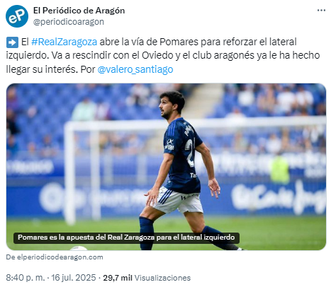 Carlos Pomares puede reforzar el lateral izquierdo del Real Zaragoza