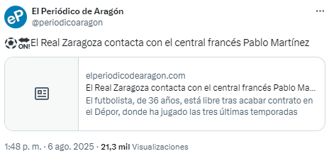 Pablo Martínez, nueva opción para reforzar el centro de la zaga del Real Zaragoza