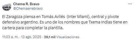 Tomás Avilés, del Inter Miami, posible refuerzo del Real Zaragoza