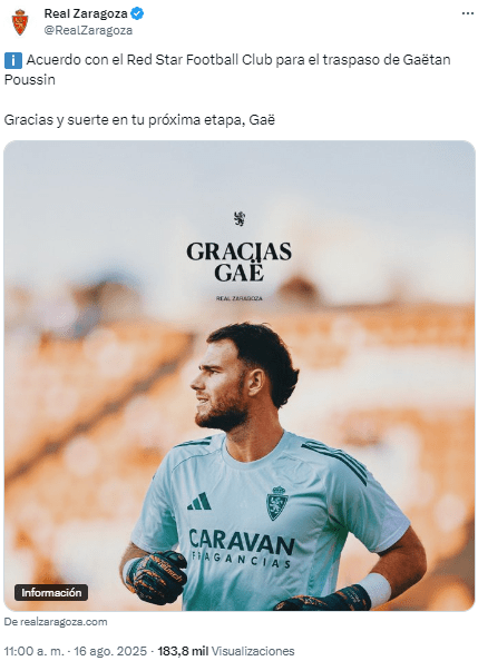 Gaëtan Poussin abandona el Real Zaragoza